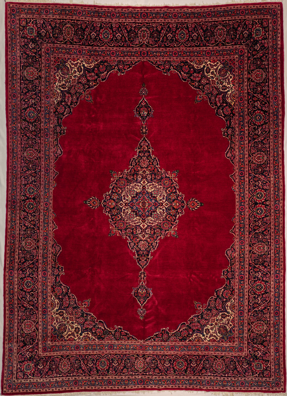 Vintage Persian Kashan Rug Circa 1950 | 8' 10" X 12' 2" | Open-Field Design | Red & Navy-Blue Rug | Finely Woven | Urban Production