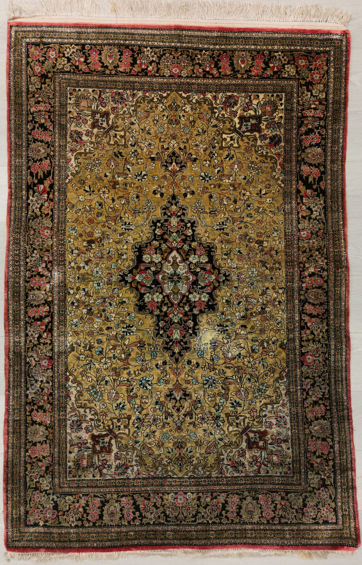 Persian Qom Rug | 3' 7" X 5' 4" | Taupe Colour | Floral Design | Urban Production