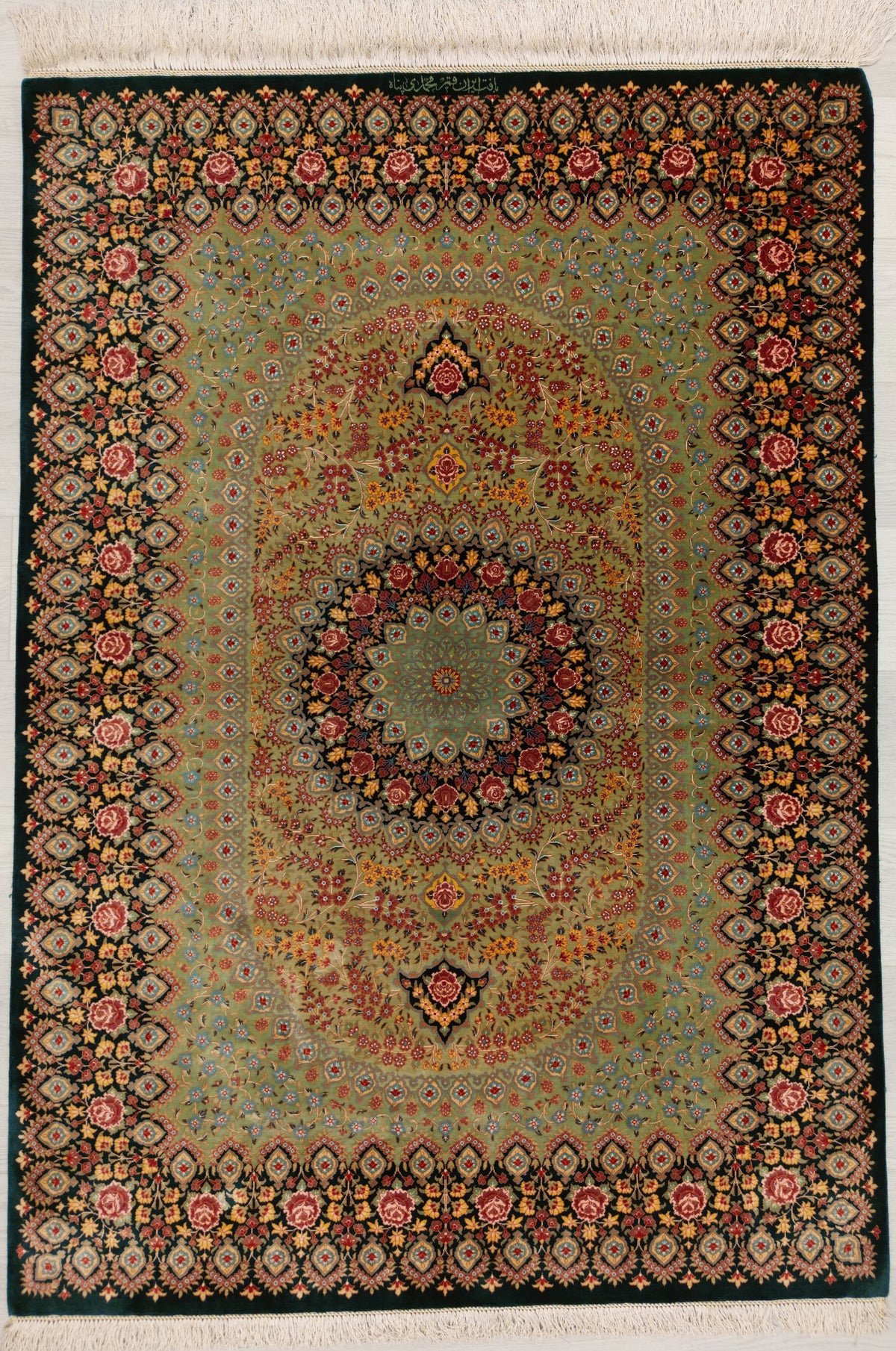 Persian Qom Rug | 3' 6" X 4' 11" | Medallion Design | Green Colour | Extremely Fine | Urban Production