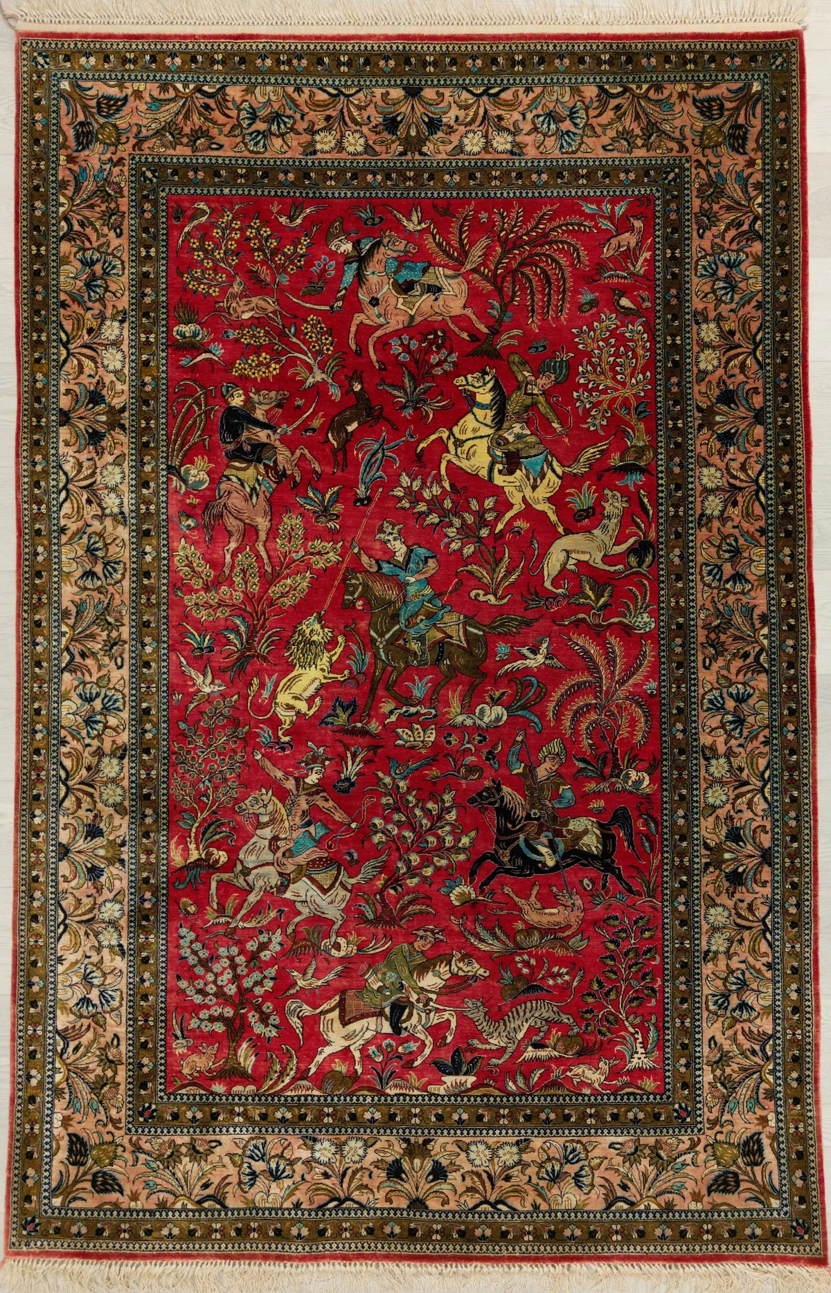 Vintage Persian Qom Rug Circa 1980 | 4' 6" X 6' 9" | Hunting Scene Design | Raspberry Colour | Urban Production