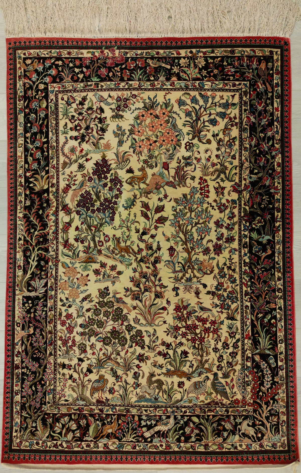 Persian Qom Rug | 3' 7" X 5' 3" | Flora & Fauna Design | Light Colours | Urban Production