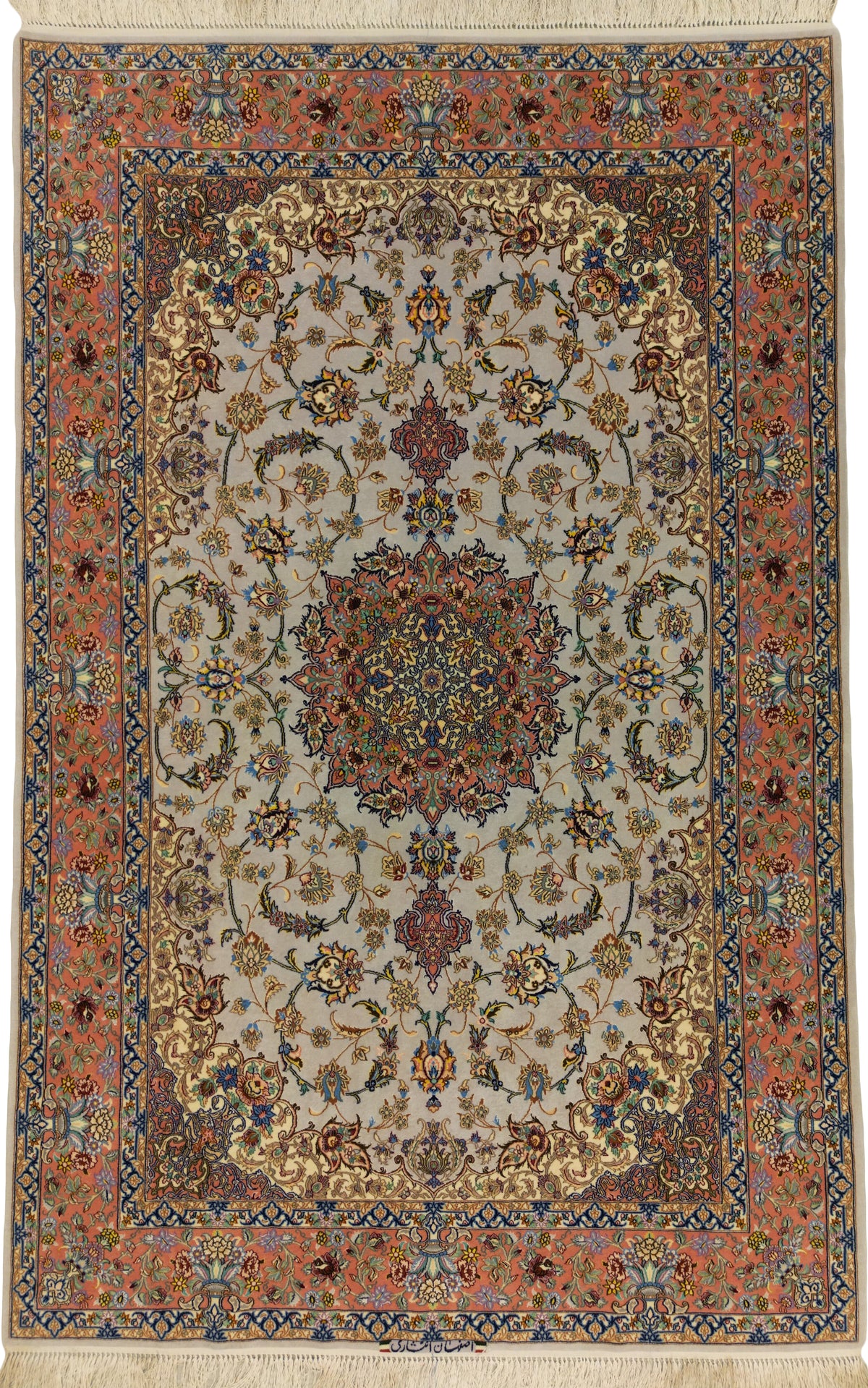 Persian Isfahan Rug | 4' 11" X 7' 7" | Medallion Design | Blue & Peach Colours | Urban Production