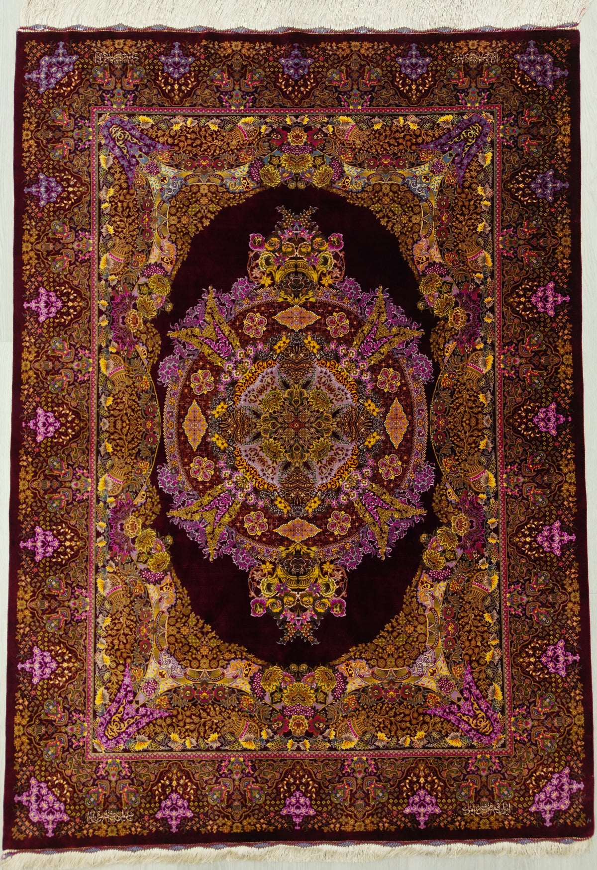 Persian Qom Rug | 4' 7" X 6' 4" | Medallion Design | Burgundy, Gold, & Purple Colours | Extremely Fine | Pure Silk | Urban Production