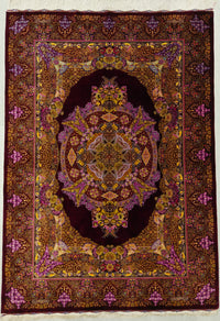 Persian Qom Rug | 4' 7" X 6' 4" | Medallion Design | Burgundy, Gold, & Purple Colours | Extremely Fine | Pure Silk | Urban Production