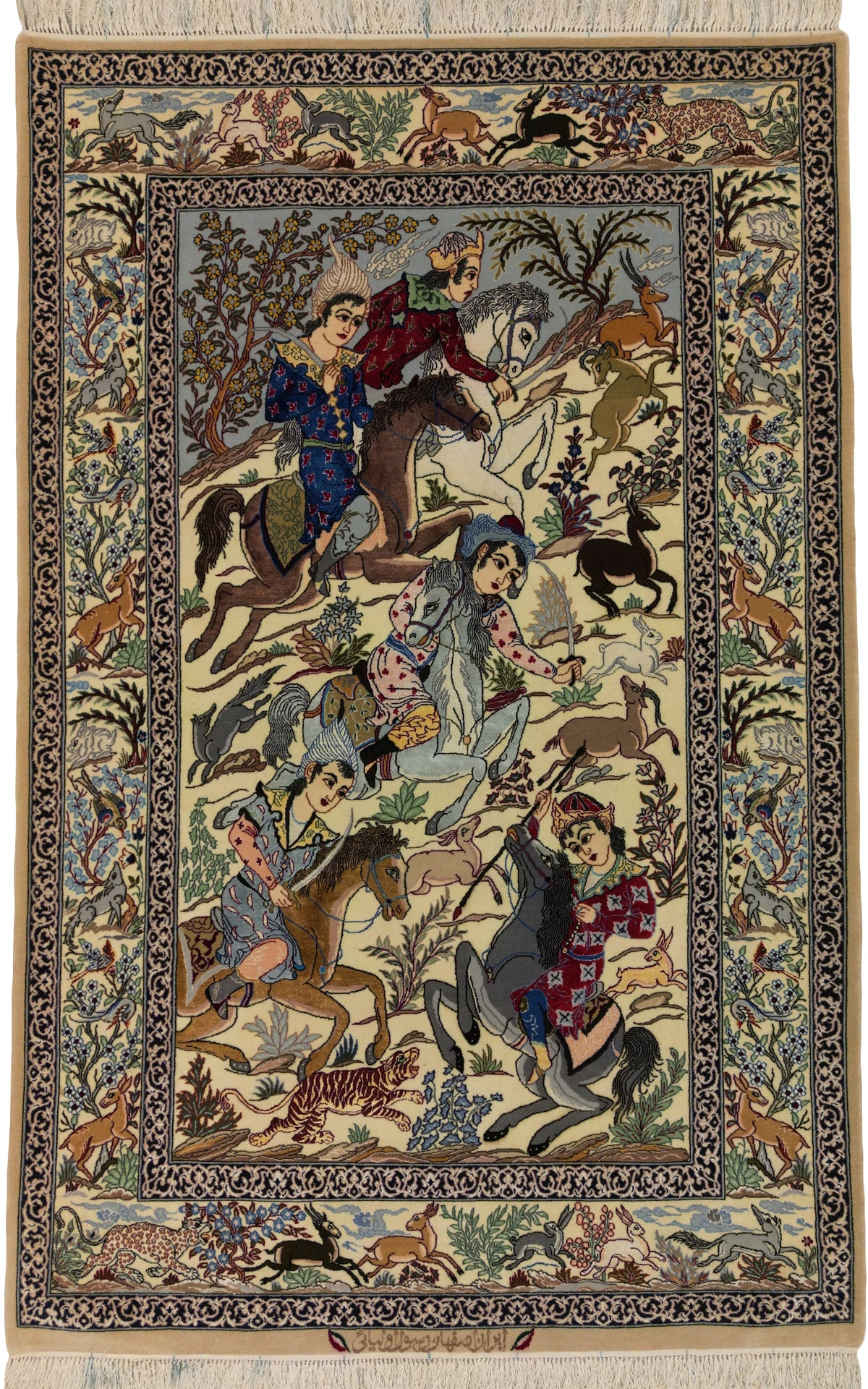 Persian Isfahan Rug | 3' 8" X 5' 9" | Hunting Scene Design | Multicolour | Urban Production