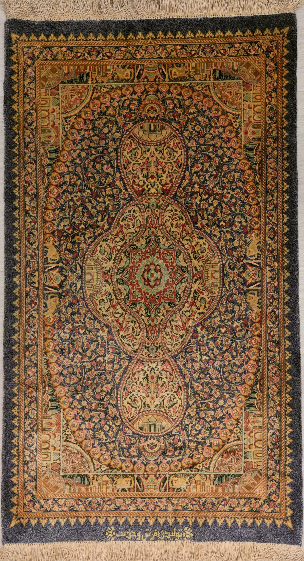 Persian Qom Rug | 1' 12" X 3' 6" | Medallion Design | Grey & Gold Colours | Extremely Fine | Pure Silk | Urban Production