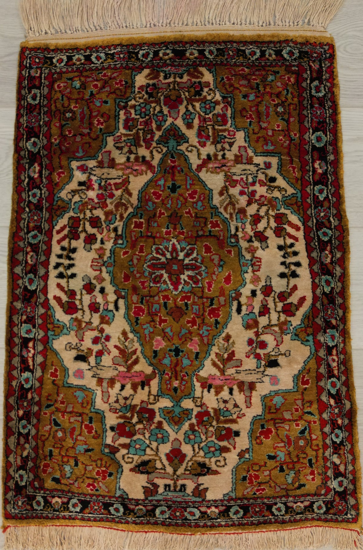Vintage Persian Qom (Shahreza) Rug Circa 1980 | 1' 8" X 2' 4" | Medallion Design | Cream & Gold Colours | Urban Production