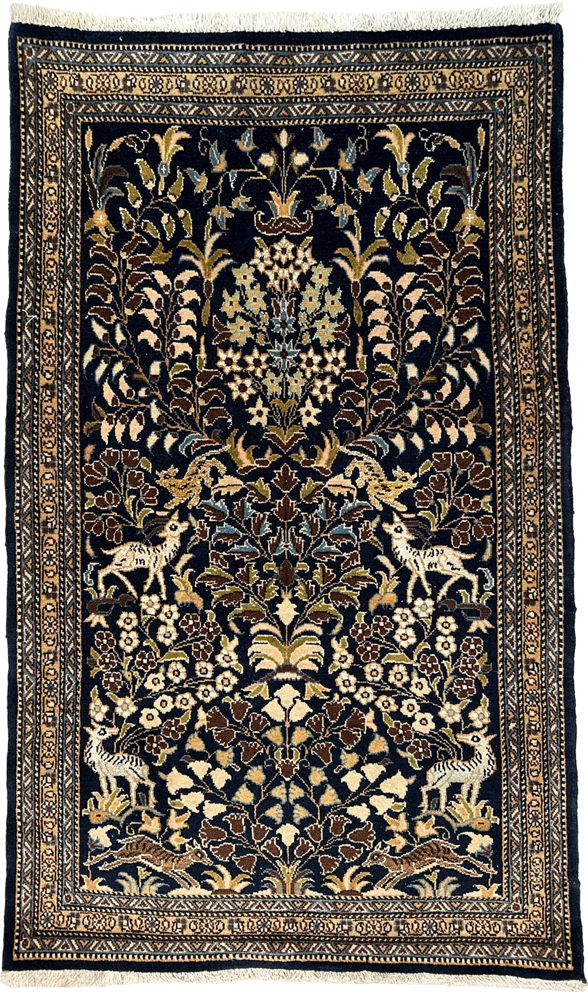 Vintage Persian Qom Rug Circa 1980 | 2' 5" X 3' 12" | Flora & Fauna Design | Midnight Blue Colour | Urban Production