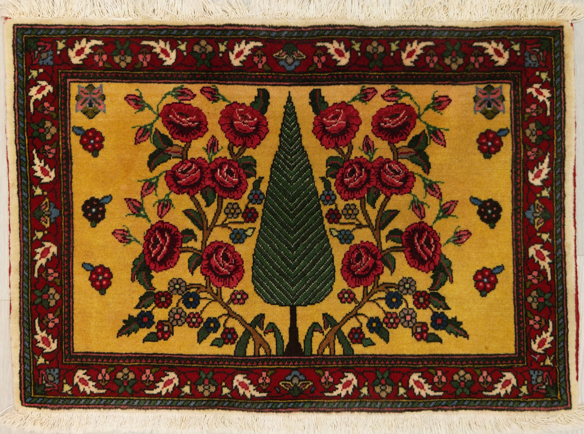 Persian Sarouk Rug | 1' 11" X 2' 9" | Tree Design | Yellow & Red Colours | Urban Production