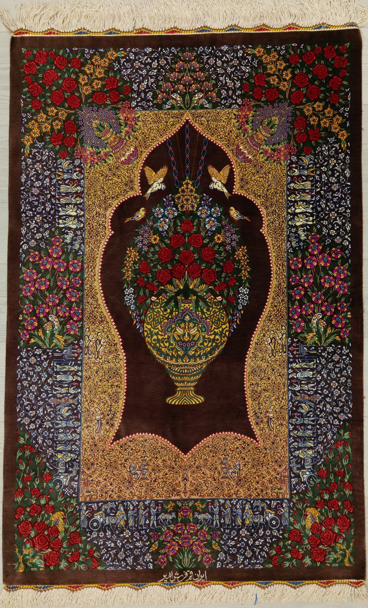 Persian Qom Rug | 2' 8" X 4' 1" | Prayer Rug Design | Brown & Gold Colours | Extremely Fine | Urban Production