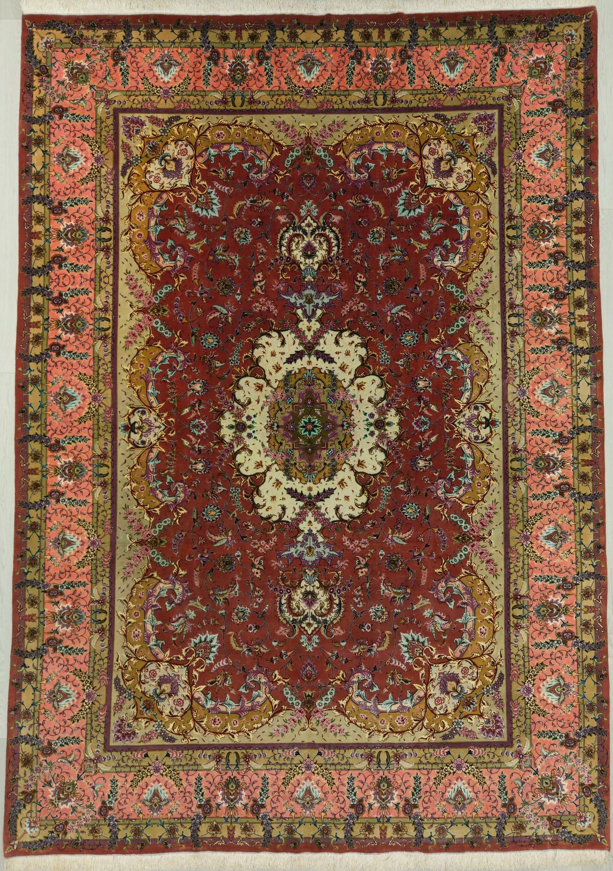 Persian Tabriz Rug | 8' 2" X 11' 7" | Medallion Design | Salmon & Pink Colours | Urban Production