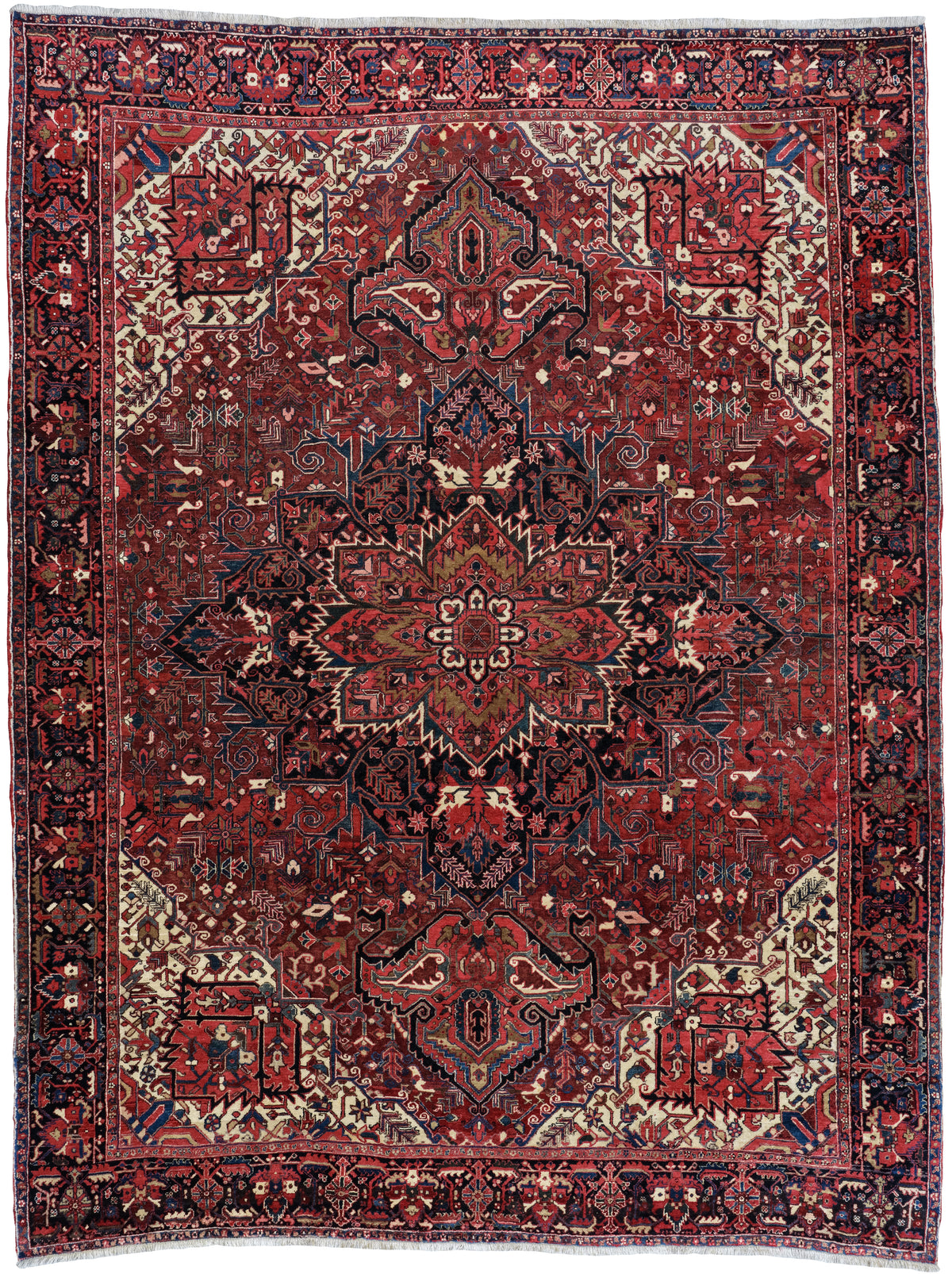 Persian Heriz Rug | 11' 7" X 14' 11" | Geometric Medallion Design | Red & Black Colours | Tribal Production