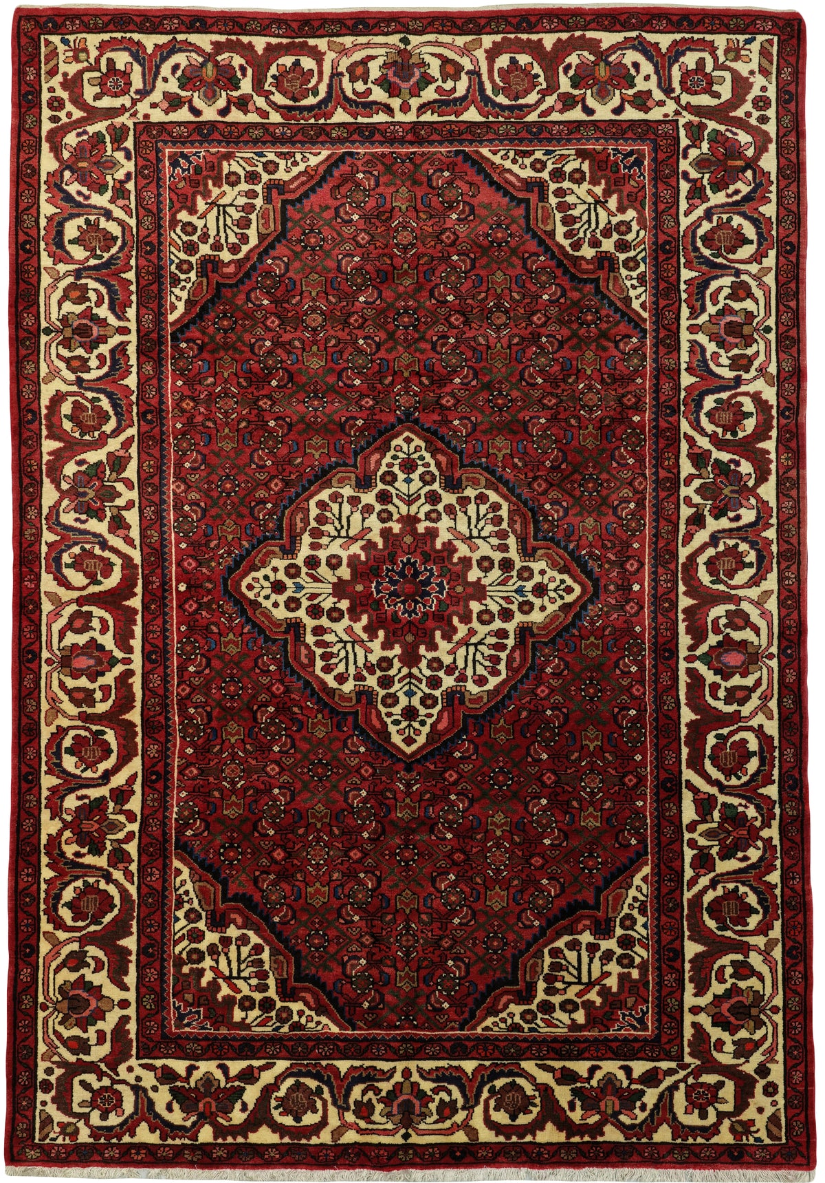 Persian Hamadan Rug | 6' 10" X 9' 11" | Medallion Design | Red & Ivory Colours | Tribal Production