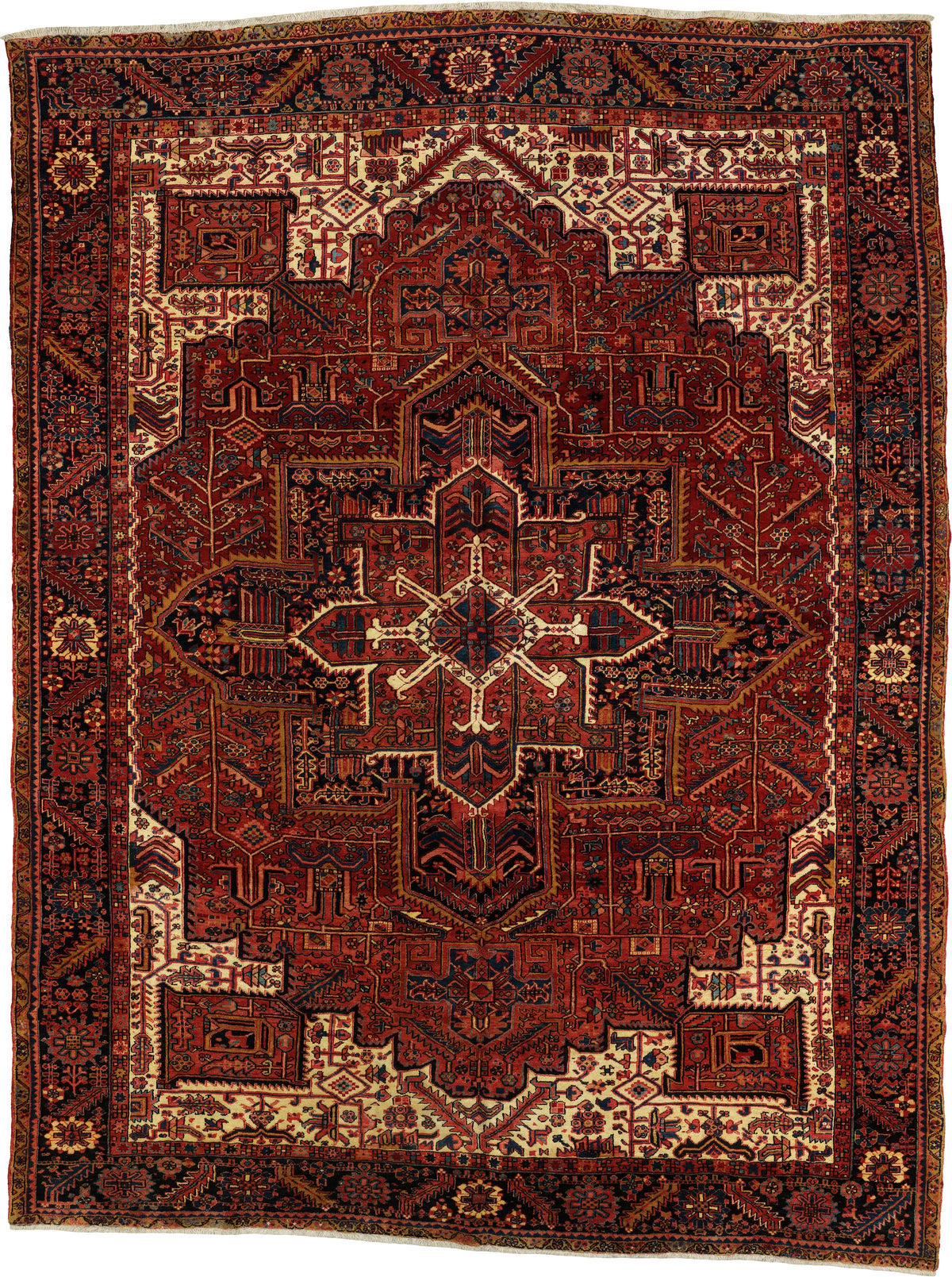 Persian Heriz Rug | 9' 10" X 13' 1" | Geometric Medallion Design | Red & Ivory Colours | Tribal Production