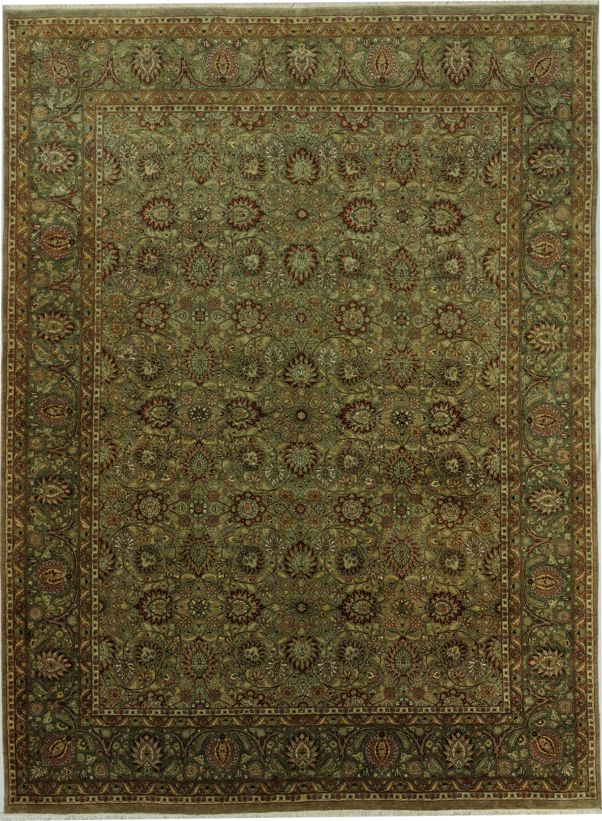 Hajji Jalili Design Chobi | 9' 0" X 12' 2" | Olive Colour | Allover Floral Design | Urban Production
