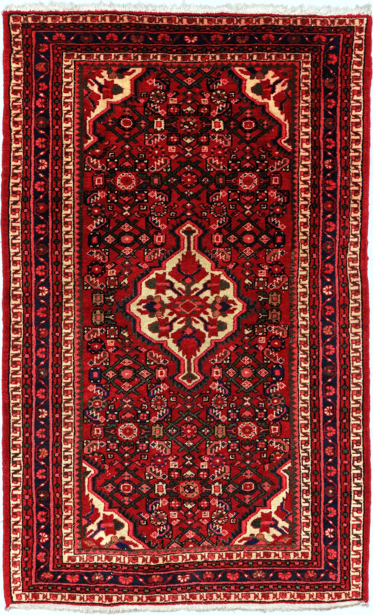 Persian Hamadan Hosseinabad Rug | 3' 7" X 5' 9" | Red Colour | Herati Motif | Tribal Production
