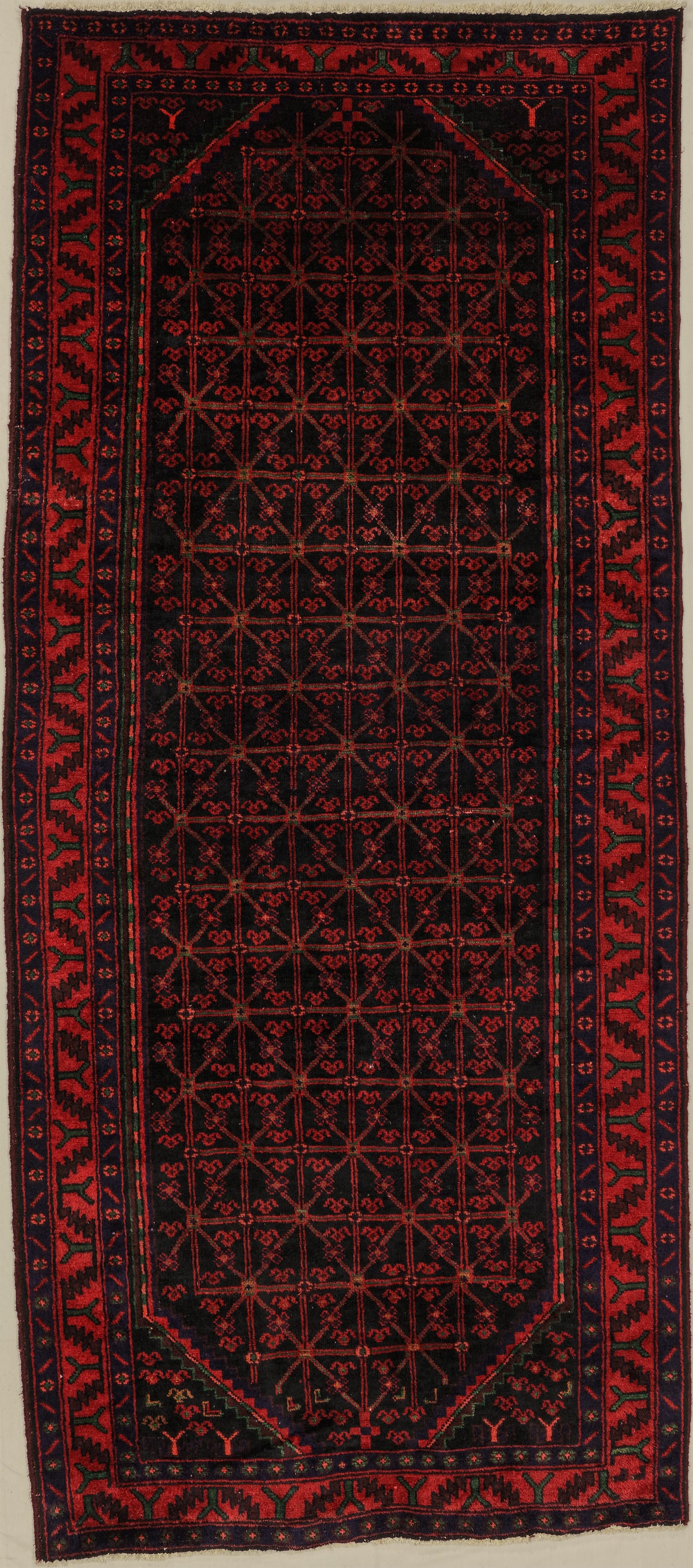 Vintage Kurdish Runner | 8' 4" X 11' 12" | Midnight Blue & Red Colours | Allover Geometric Design | Tribal Production