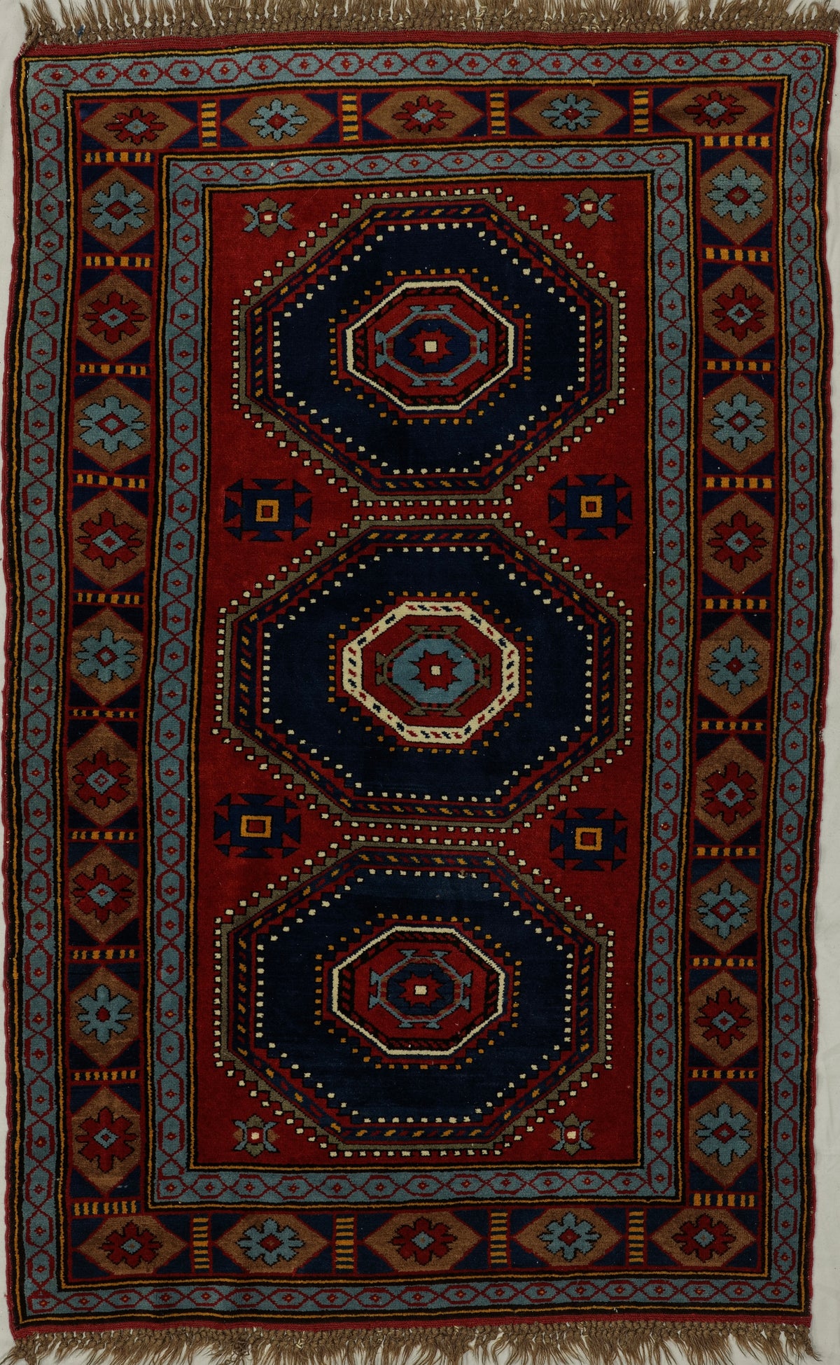 Vintage Caucasian Daghestan Rug Circa 1940 | 3' 9" X 5' 11" | Geometric Design | Burgundy & Navy-Blue Colours | Tribal Production