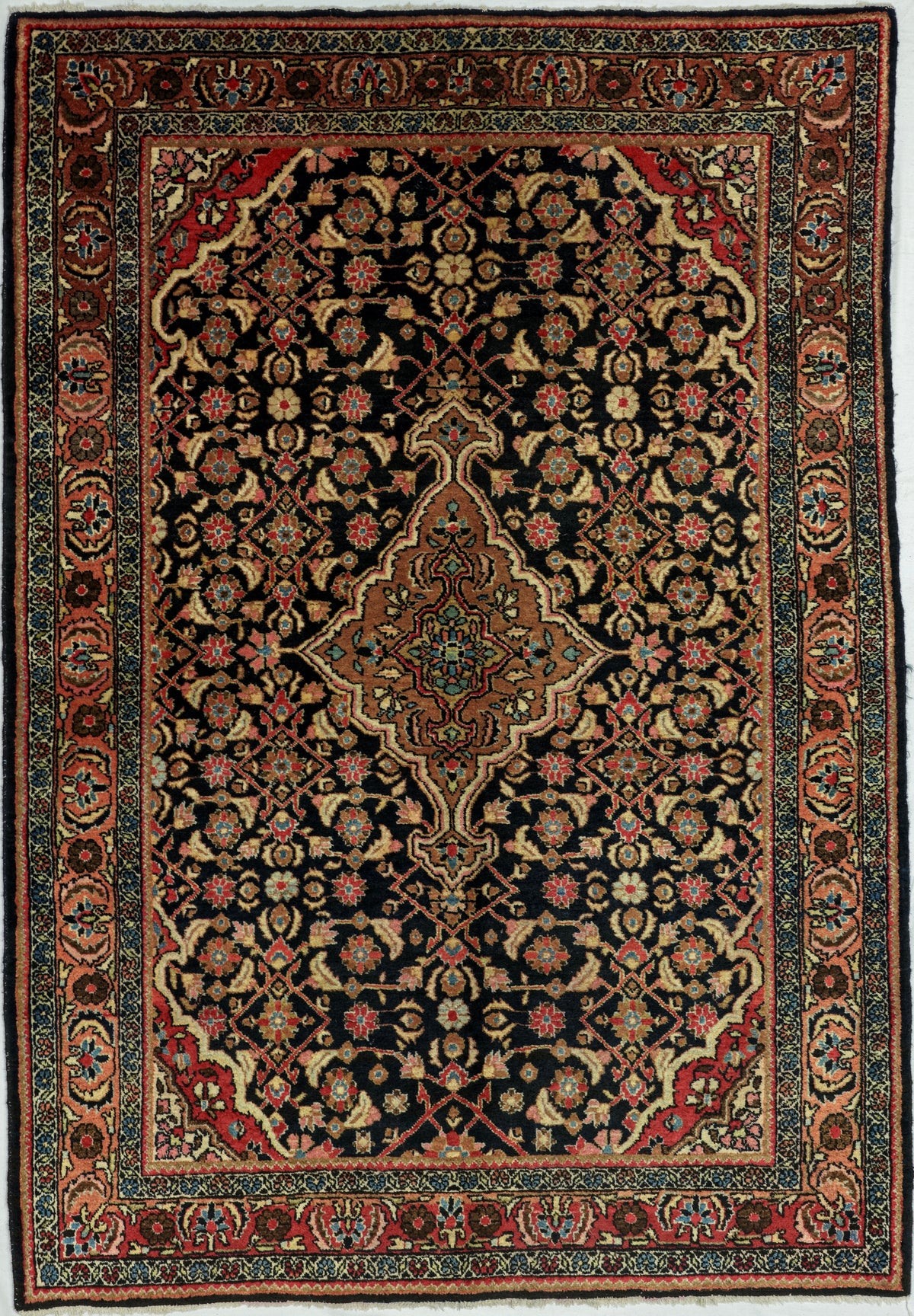 Vintage Persian Sarough Rug Circa 1960 | 4' 6" X 6' 5" | Medallion Herati Design | Black Colour | Urban Production