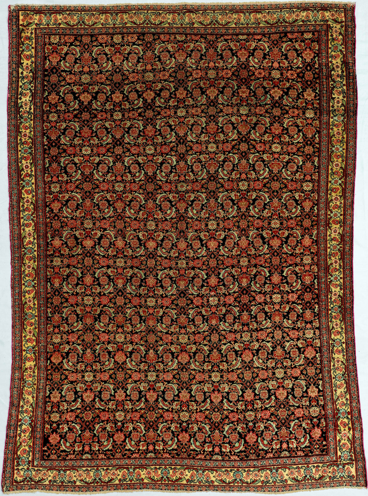 Antique Persian Senneh Rug Circa 1880 | 4' 4" X 6' 2" | Midnight Blue, Yellow, & Pink Colours | Tribal Production