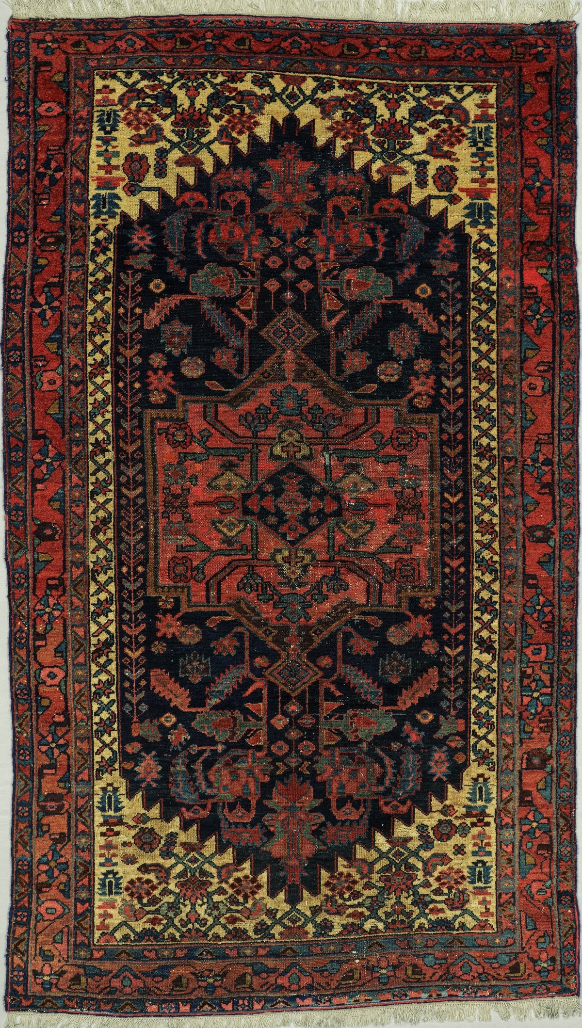Antique Persian Hamadan Rug Circa 1930 | 4' 1" X 7' 2" | Geometric Medallion Design | Midnight Blue & Red Colours | Tribal Production