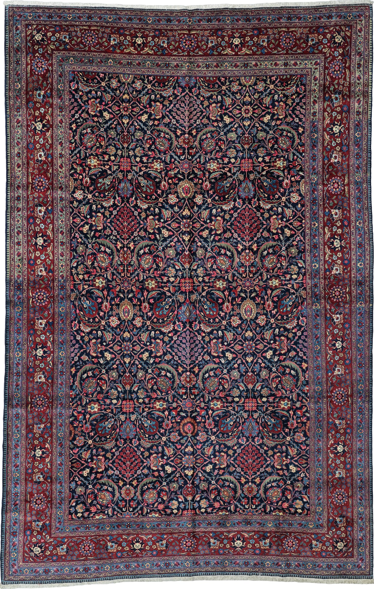 Antique Persian Tabriz Rug Circa 1930 | 10' 11" X 16' 9" | Midnight Blue & Red Colours | Allover Design | Urban Production