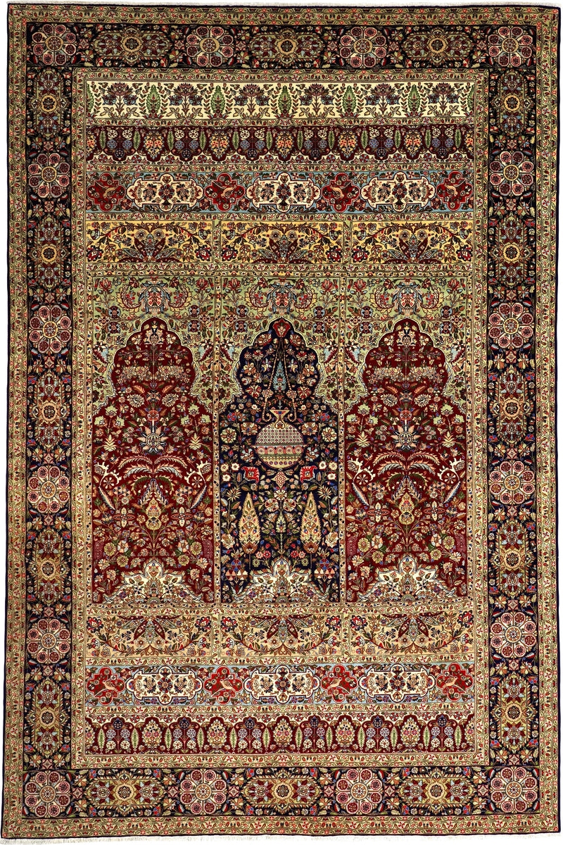 Vintage Persian Tabriz Tabatabaee Rug Pair Circa 1950 | 6' 6" X 9' 9" & 6' 7" X 9' 8" | Mihrab Design | Multicolour | Finely Knotted | Urban Production