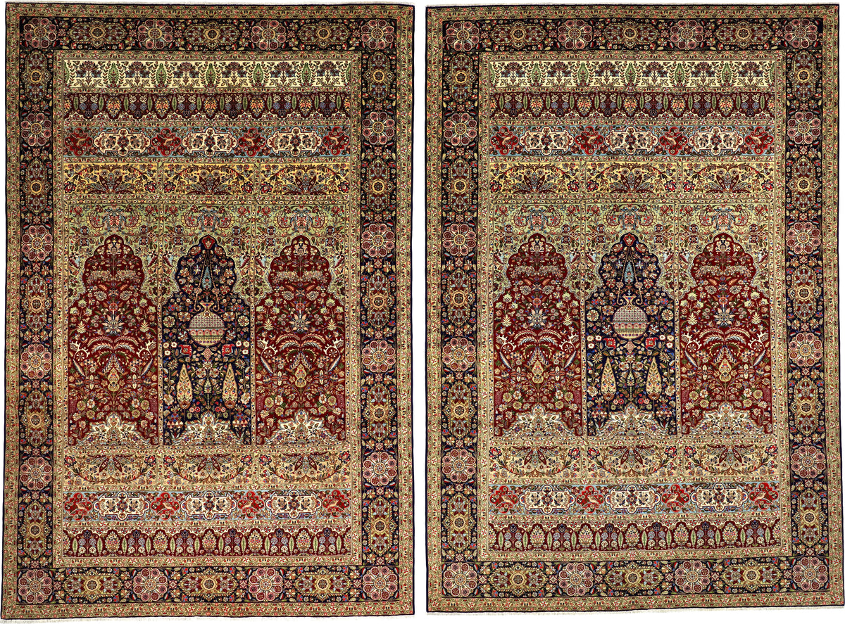 Vintage Persian Tabriz Tabatabaee Rug Pair Circa 1950 | 6' 6" X 9' 9" & 6' 7" X 9' 8" | Mihrab Design | Multicolour | Finely Knotted | Urban Production