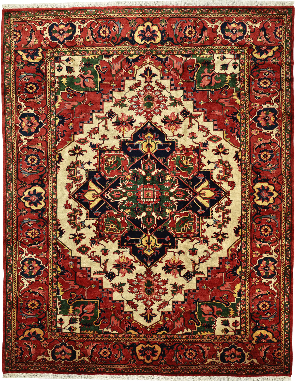 Persian Heriz Rug | 8' 3" X 10' 6" | Geometric Design | Ivory & Red Colours | Tribal Production
