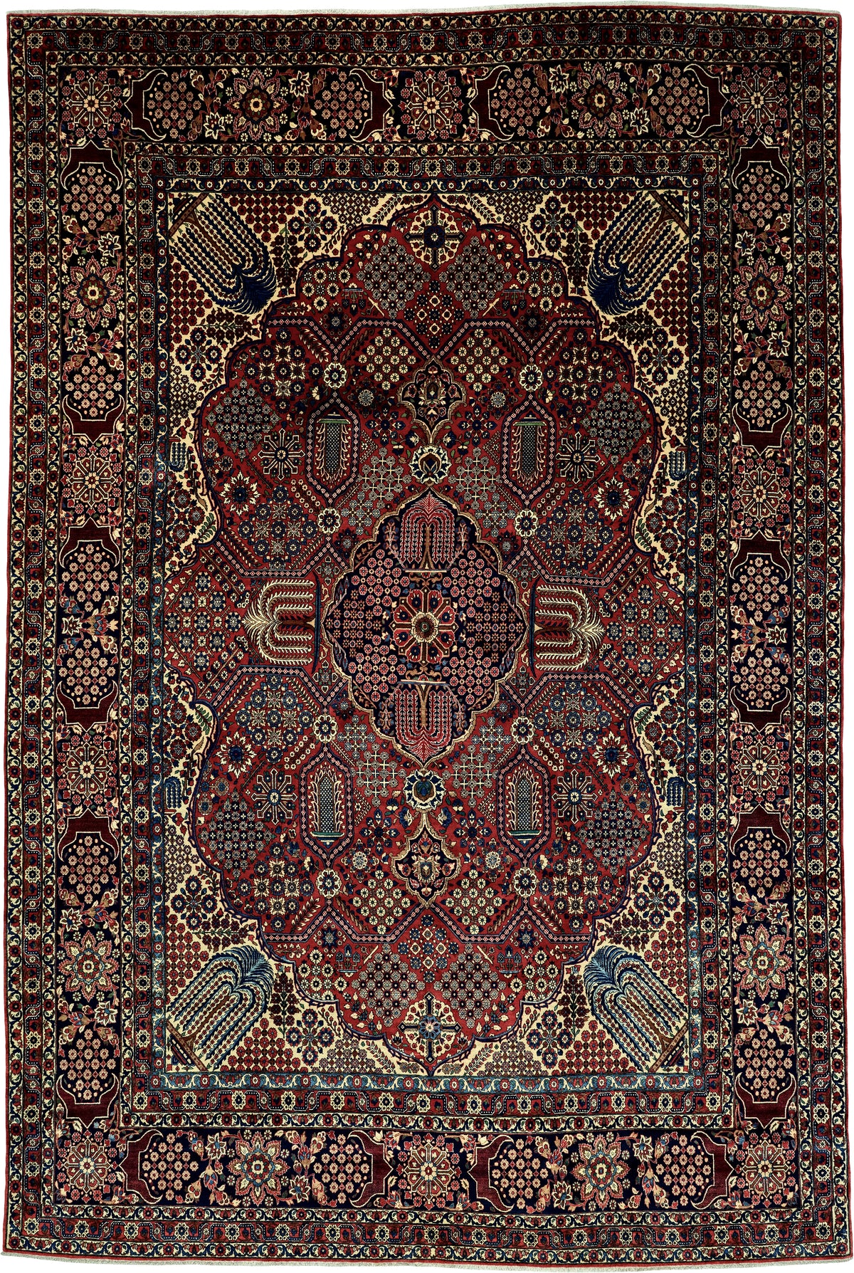 Antique Persian Meymeh Rug Circa 1920 | 10' 4" X 15' 5" | Geometric Design | Red Colour | Finely Woven | Tribal Production