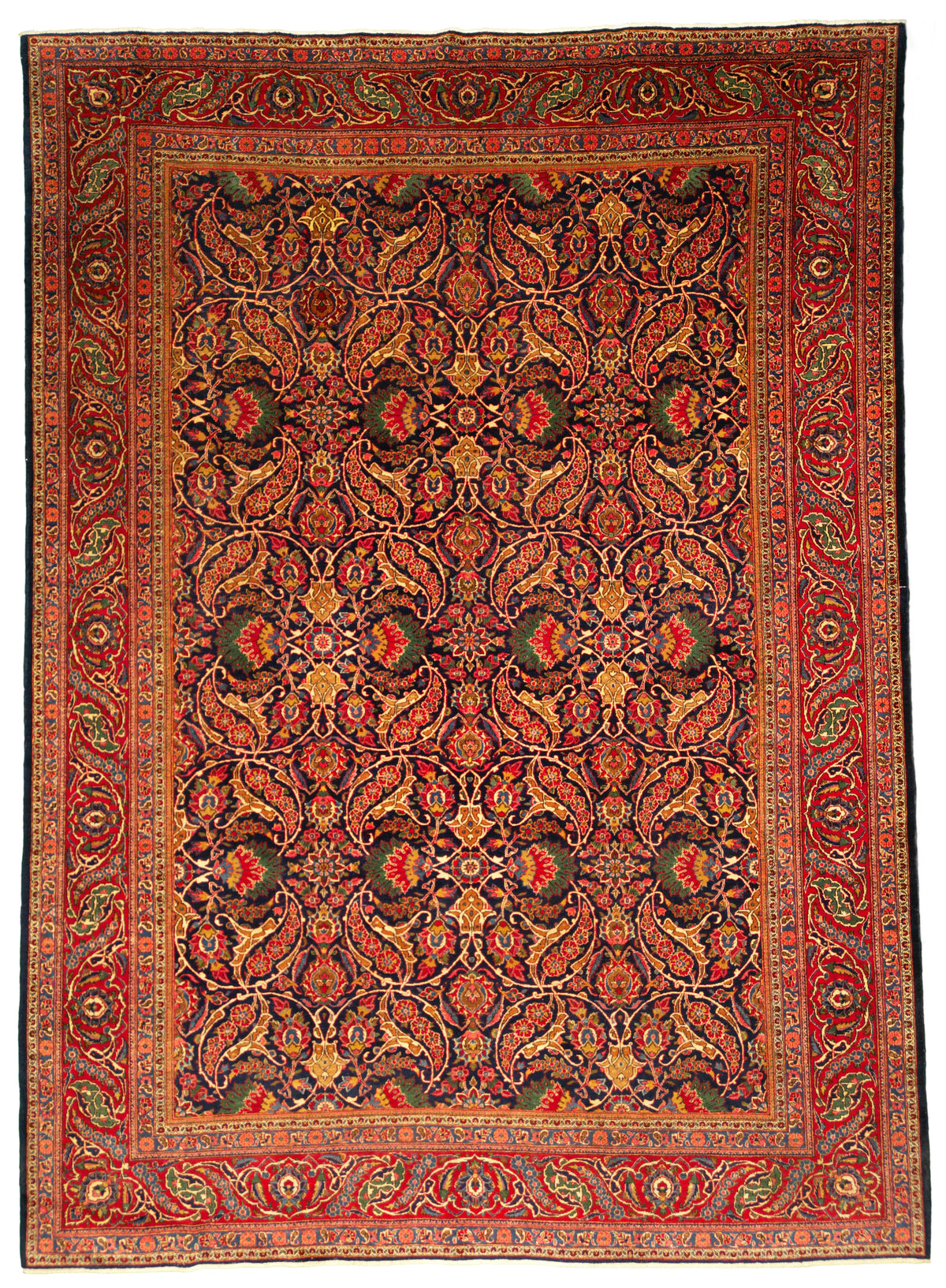 Antique Persian Kashan Rug Circa 1920 | 8' 8" X 11' 11" | Unique Design | Navy Blue & Red Colours | Urban Production