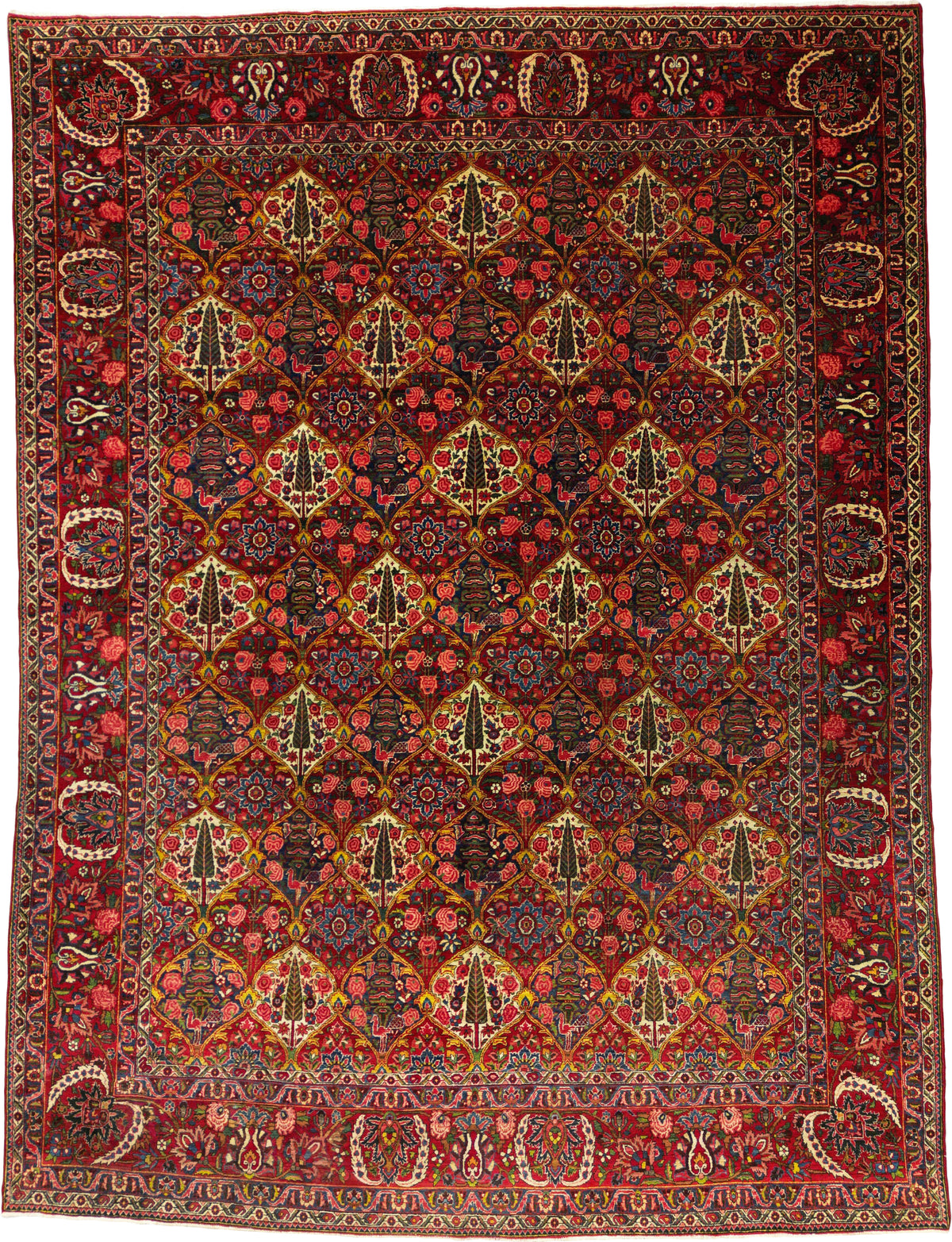Antique Persian Bakhtiari Rug Circa 1930 | 10' 1" X 13' 6" | Garden-Panel Design | Red & Ivory Colours With Gold Accents | Tribal Production