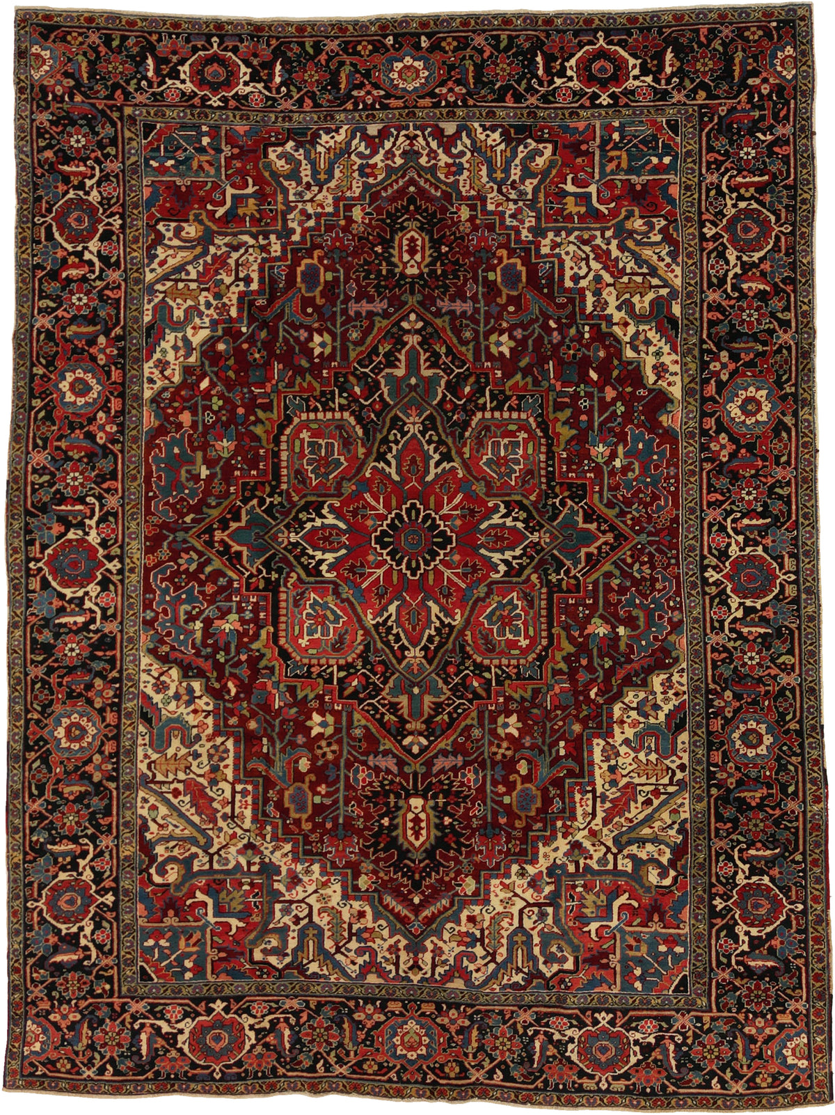 Vintage Persian Heriz Rug Circa 1940 | 9' 4" X 12' 5" | Geometric Design | Red & Black Colours | Tribal Production