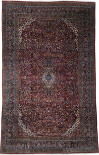 Antique Persian Kashan Rug Circa 1930 | 10' 1" X 16' 2" | Floral Design | Red & Navy Blue Colours | Finely Woven | Urban Production