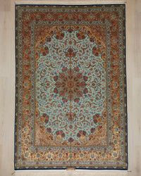 Persian Isfahan Rug | 8' 2" X 12' 2" |Wool & Silk | Extremely Fine | Light Blue & Peach Colours |Floral Medallion Design | Urban Production