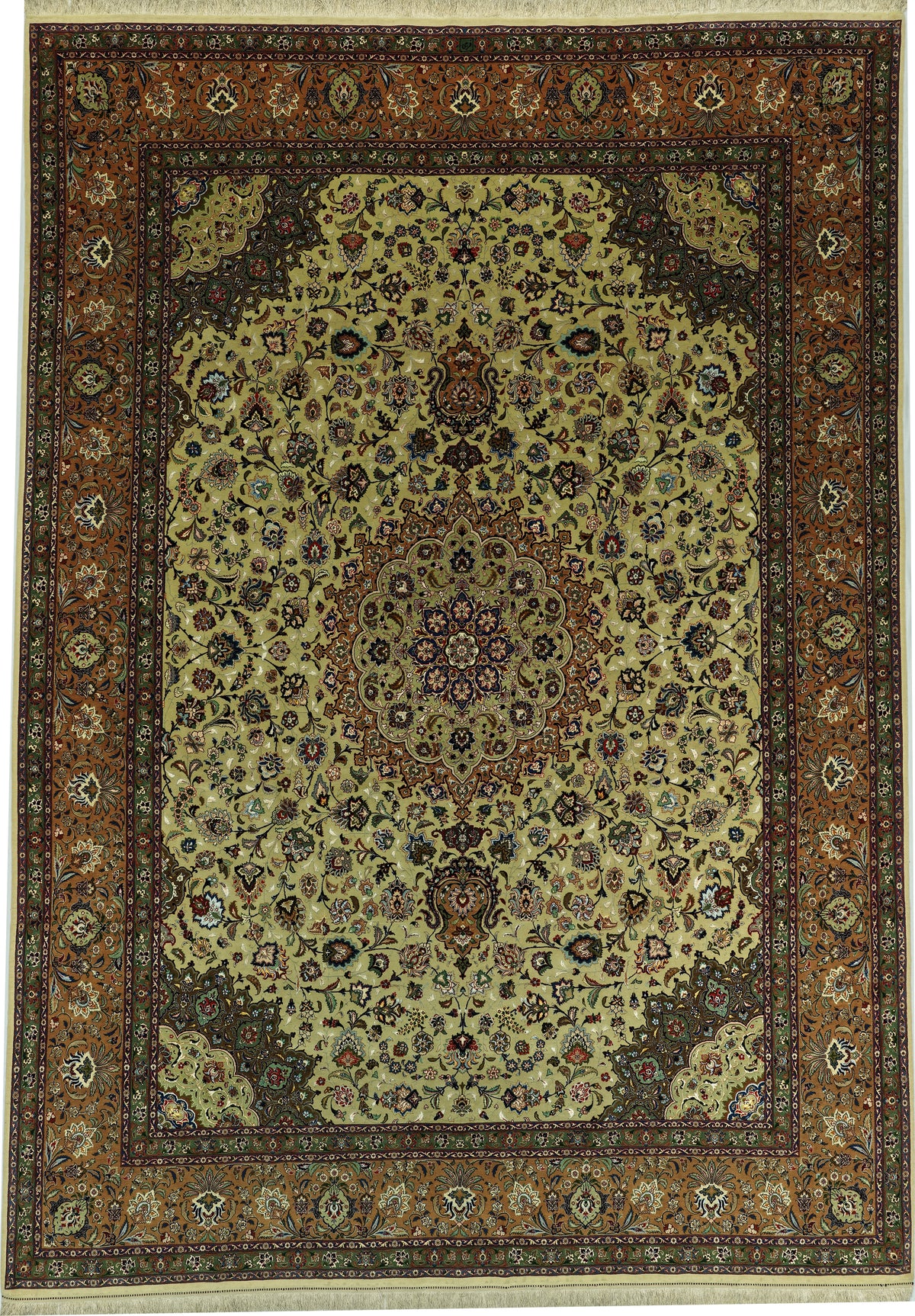 Vintage Persian Tabriz Faraji Rug Circa 1970 | 9' 10" X 13' 9" | Olive Green & Orange Colours | Floral Medallion Design | Urban Production