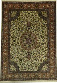 Vintage Persian Tabriz Faraji Rug Circa 1970 | 9' 10" X 13' 9" | Olive Green & Orange Colours | Floral Medallion Design | Urban Production