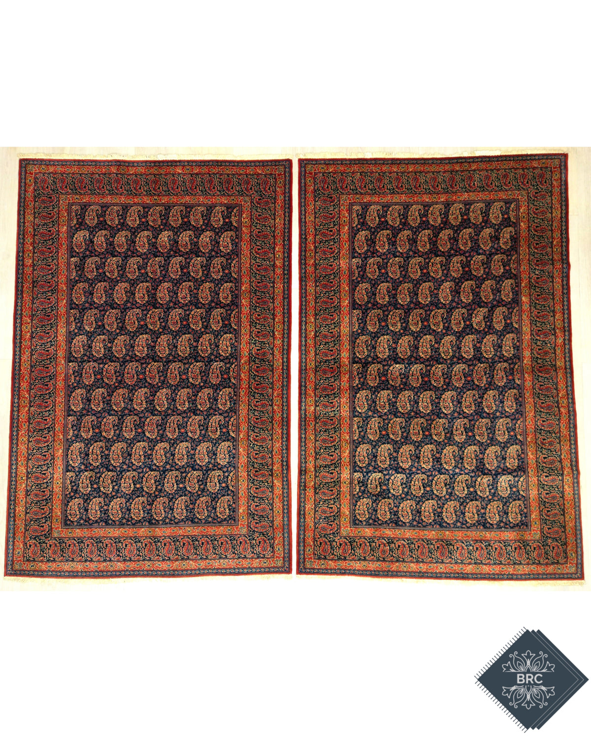 Vintage Persian Kashan Rug Pair Circa 1950 | 4' 5" X 6' 11" each | Blue & Orange Colours | Urban Production