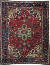 Antique Persian Serapi Heriz Rug Circa 1880 | 11' 2" X 14' 5" | Red Colour | Geometric Design | Tribal Production