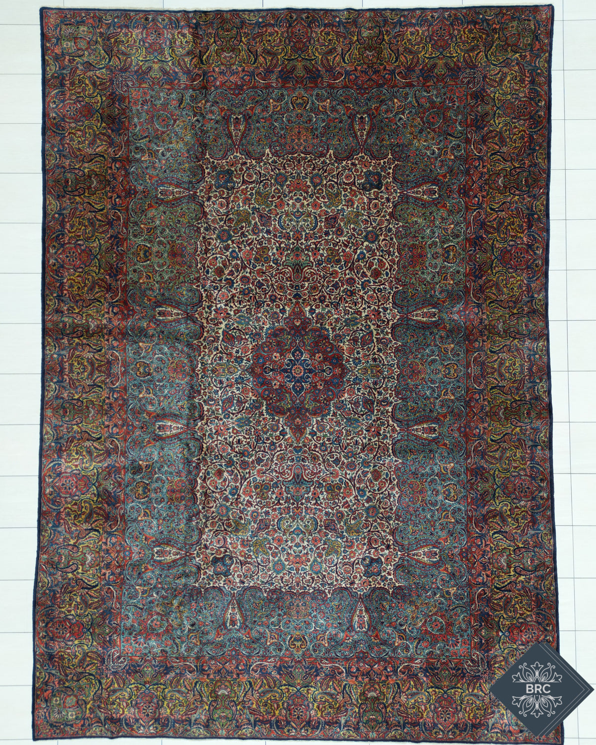 Antique Persian Kashan Rug Circa 1920 | 9' 11" X 14’ 1” | White, Blue & Green Colours | Urban Production