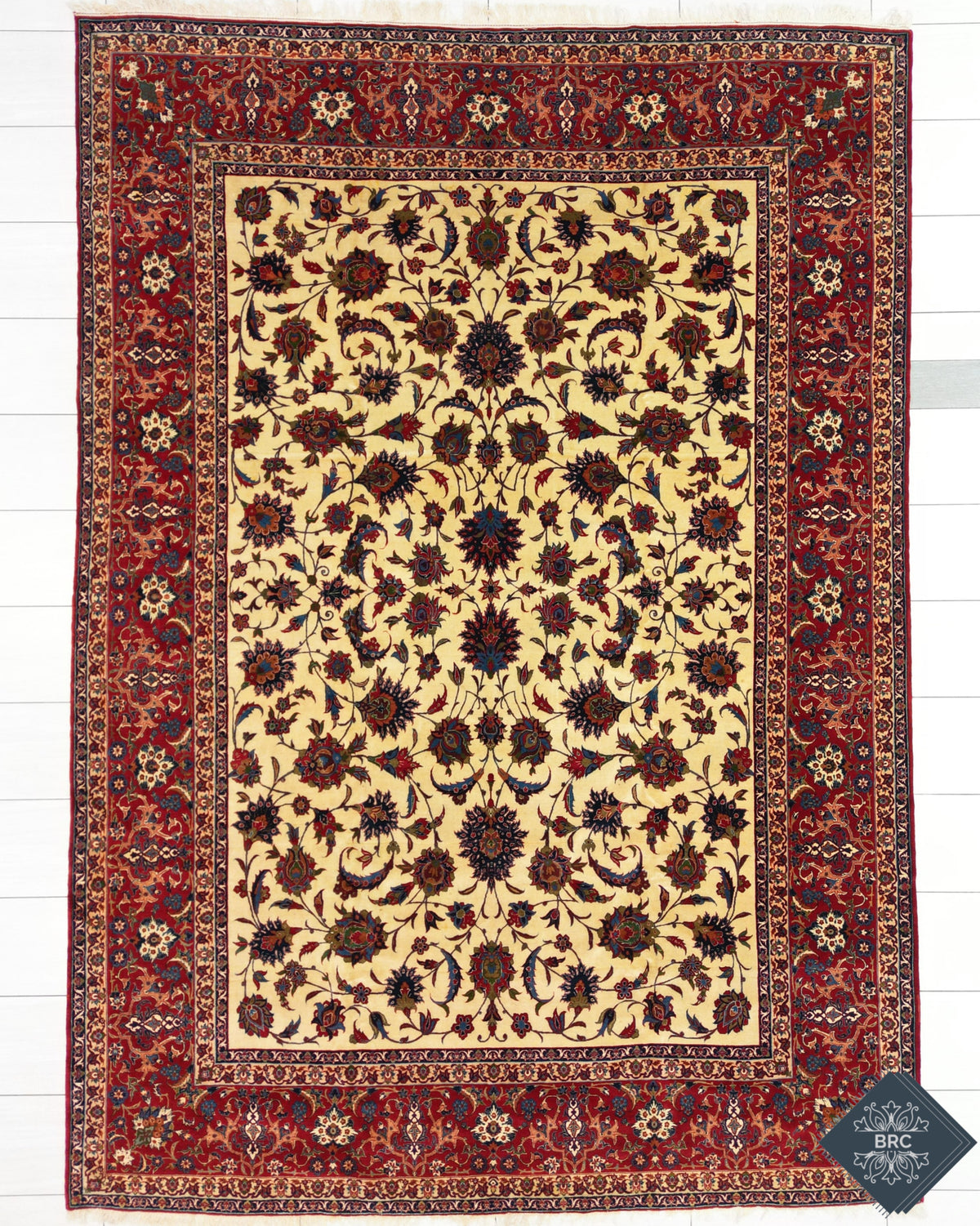 Antique Persian Isfahan Rug Circa 1910 | 8' 7" X 12' 0" | Shah Abbas Design | Ivory & Red Colour | Extremely Fine | Urban Production