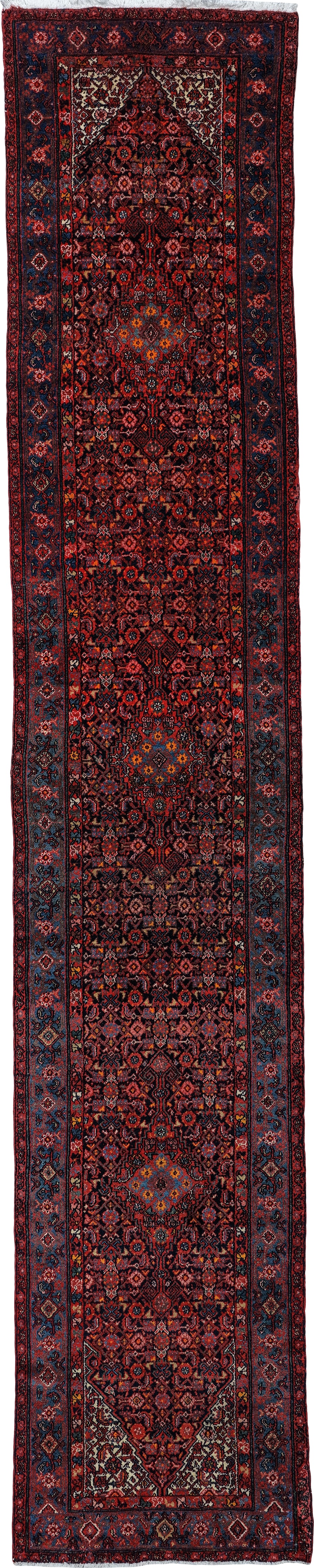 Antique Malayer Runner Circa 1930 | 3' 2" X 16' 11" | Red & Blue Colours | Geometric Design | Tribal Production