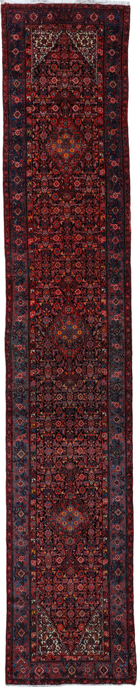 Antique Malayer Runner Circa 1930 | 3' 2" X 16' 11" | Red & Blue Colours | Geometric Design | Tribal Production