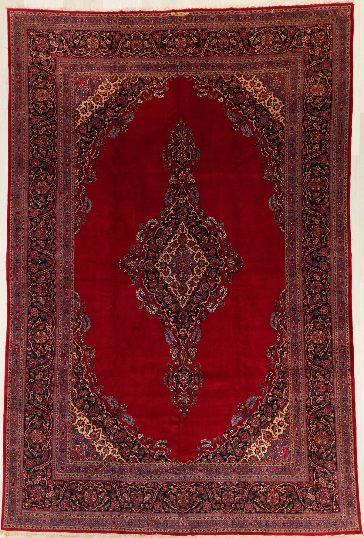 Vintage Persian Kashan Rug Circa 1950 | 10' 3" X 15' 7" | Large Size | Open-Field Design | Red & Navy-Blue Colours | Urban Production