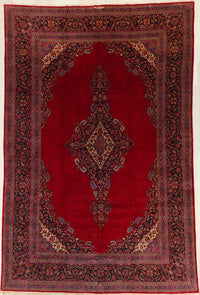 Vintage Persian Kashan Rug Circa 1950 | 10' 3" X 15' 7" | Large Size | Open-Field Design | Red & Navy-Blue Colours | Urban Production