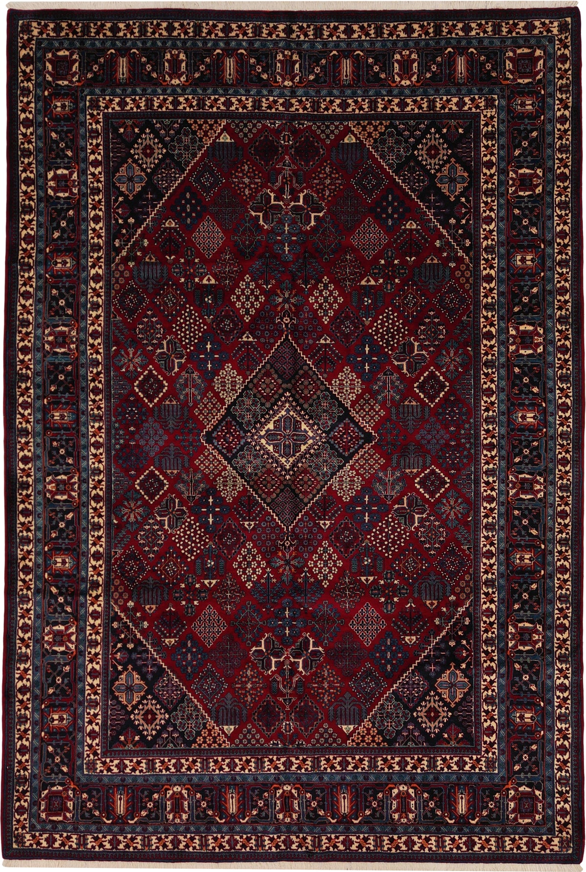 Persian Meymeh Rug | 8' 9" X 12' 9" | Geometric Design | Red & Dark-Blue Colours | Tribal Production