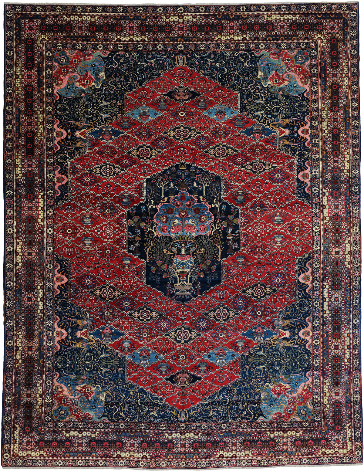 Antique Persian Bakhtiar Rug Circa 1920 | 10' 10" X 14' 1" |  Red & Midnight Blue Colours | Tribal Production
