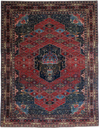 Antique Persian Bakhtiar Rug Circa 1920 | 10' 10" X 14' 1" |  Red & Midnight Blue Colours | Tribal Production