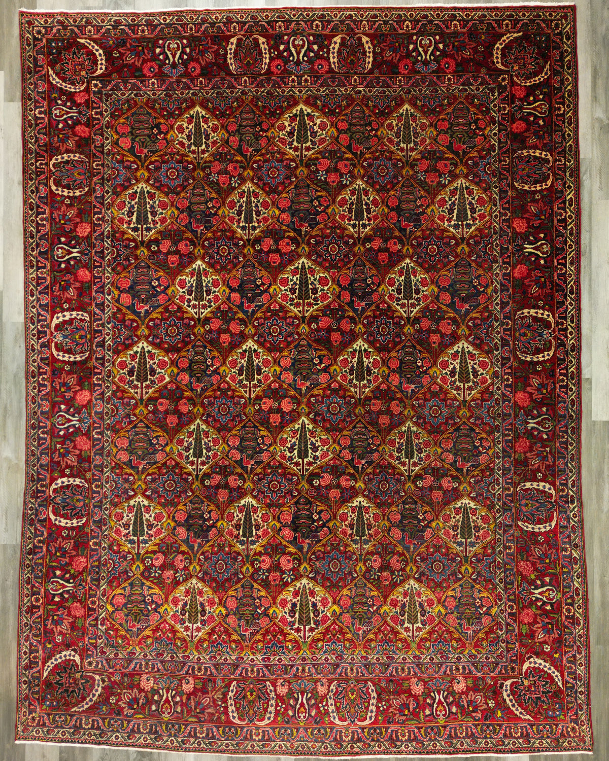 Antique Persian Bakhtiar Rug Circa 1930 | 10' 1" X 13' 6" | Garden-Panel Design | Red & Ivory Colours With Gold Accents | Tribal Production