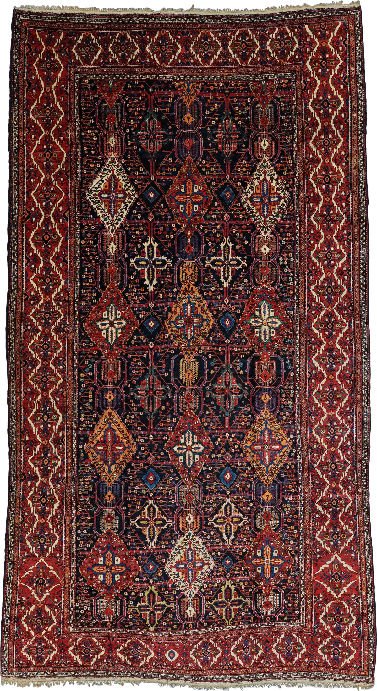 Antique Bakhtiari Shalamzar Rug Circa 1890 | 12' 5" X 22' 8" | Multicolour | Geometric Design | Tribal Production